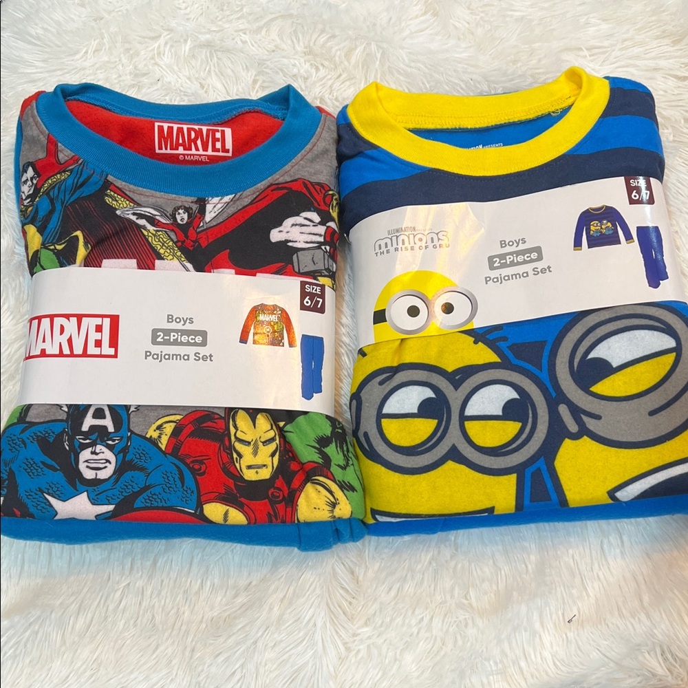 1 Marvel Superhero and 1 Minion Kids Pajama Set - Red, Blue, and Yellow